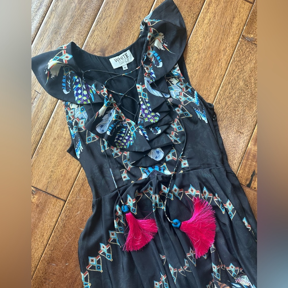 Black Dress with Colorful Feather Print and Tassels size 6